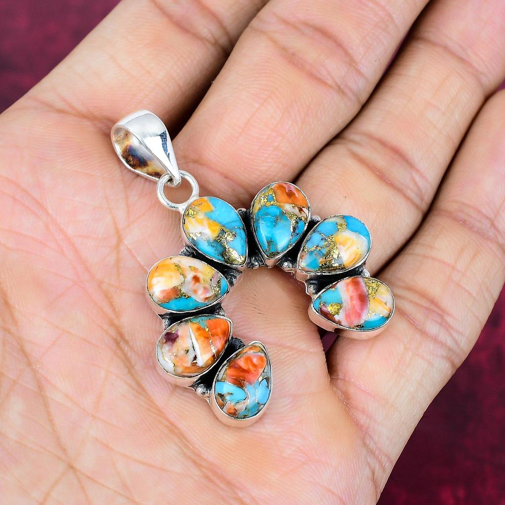 Anhänger mit Orangefarbener Stachelmuschel, 925 Sterlingsilber Edelsteinschmuck, Handgefertigter Anhänger Fantastischer Schmuck, Geschenk für Sie