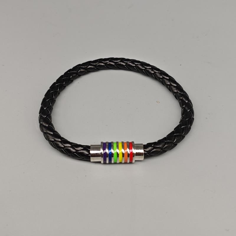 Модный многоцветный радужный плетеный браслет из магнитной ПУ-кожи Black 20.5CM
