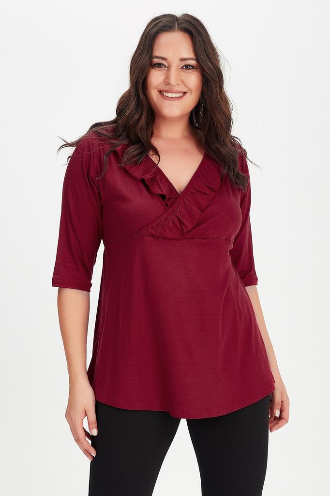 Damen Bluse in Übergröße Schwarz Übergröße Zweireihig Rüschenkragen Dreiviertelarm Bluse