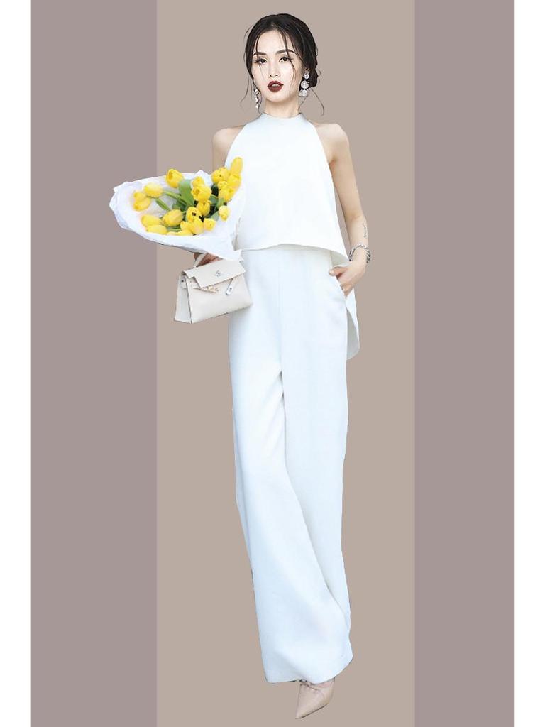 Elegant Solid Halter Jumpsuit: Sleeveless Top & Wide-Leg Pants for Women