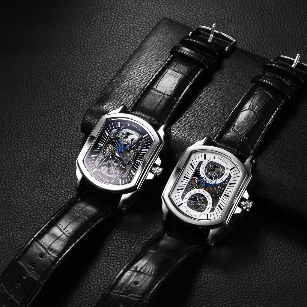 Automatic Watch with Genuine Leather Strap and Waterproof Stylish Square Quartz Watch in Black Perfect Gift for or Day Men's Design - Birthdays,