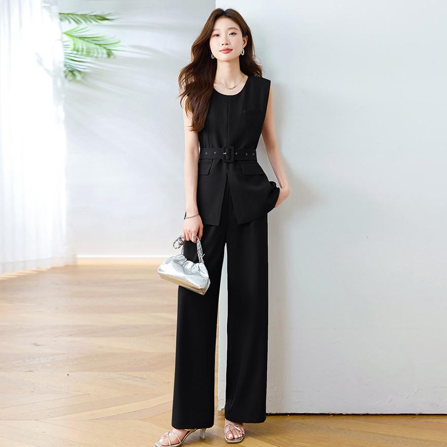 

Модный комплект в стиле «королевская сестра» с широкими брюками, женский новый профессиональный жилет без рукавов, прямые брюки, комплект из двух предметов, трендовый 2XL чёрный