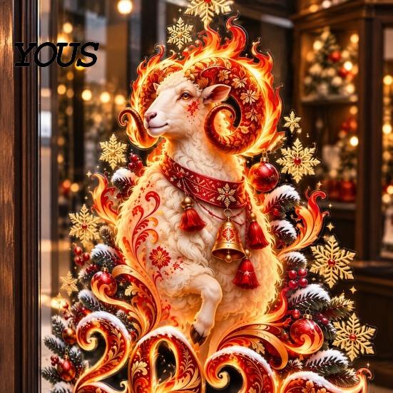 Holiday Window Dressing 2027 Zodiac Sheep Static Clings, Red Gold Russian New Year Glass Traditional Festive Art Decals, Reusable Stickers,