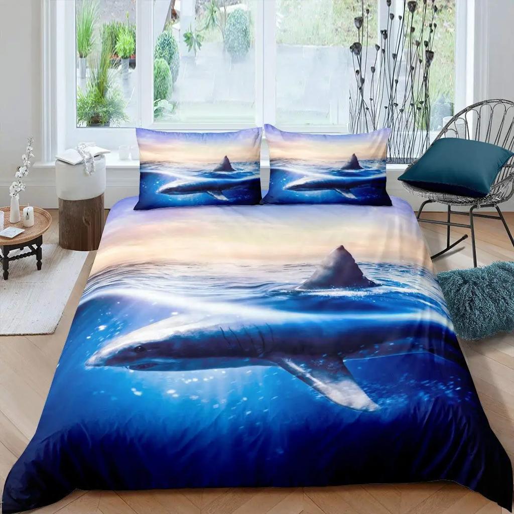 Shark Duvet Cover Ocean Watercolor Fish Quilt Cover Sea Animal Marineland Theme Decoration Bedding For Children Boys Girls Gifts