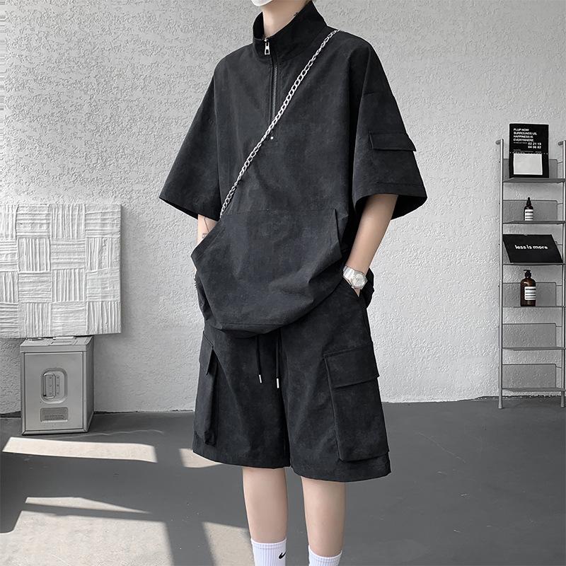 

Мужской рабочий костюм летний с половиной молнии из ледяного шелка, большой комплект-двойка M чёрный