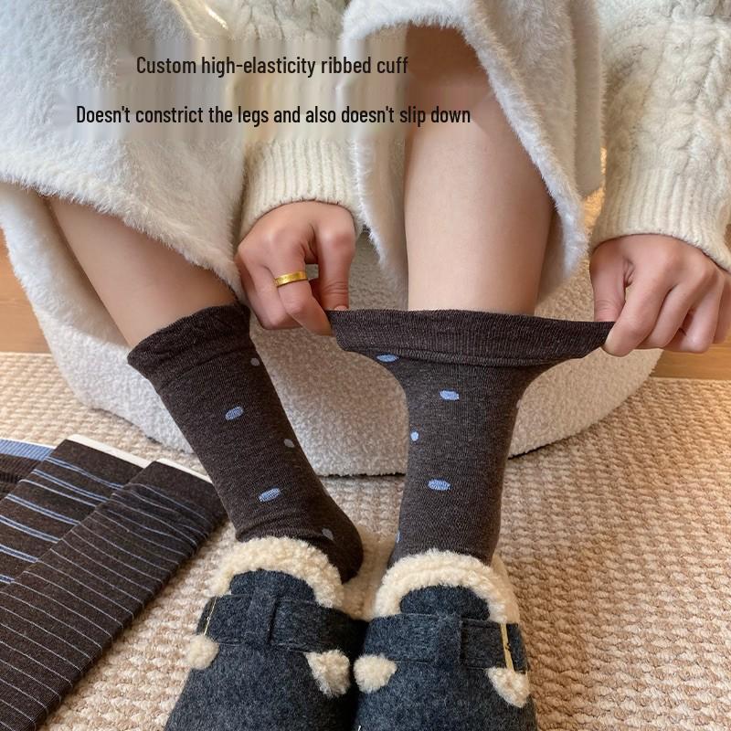 Women's 2025 Winter Wool Socks: Striped & Polka Dot, Plus Velvet, Thickened Mid-Calf Style.