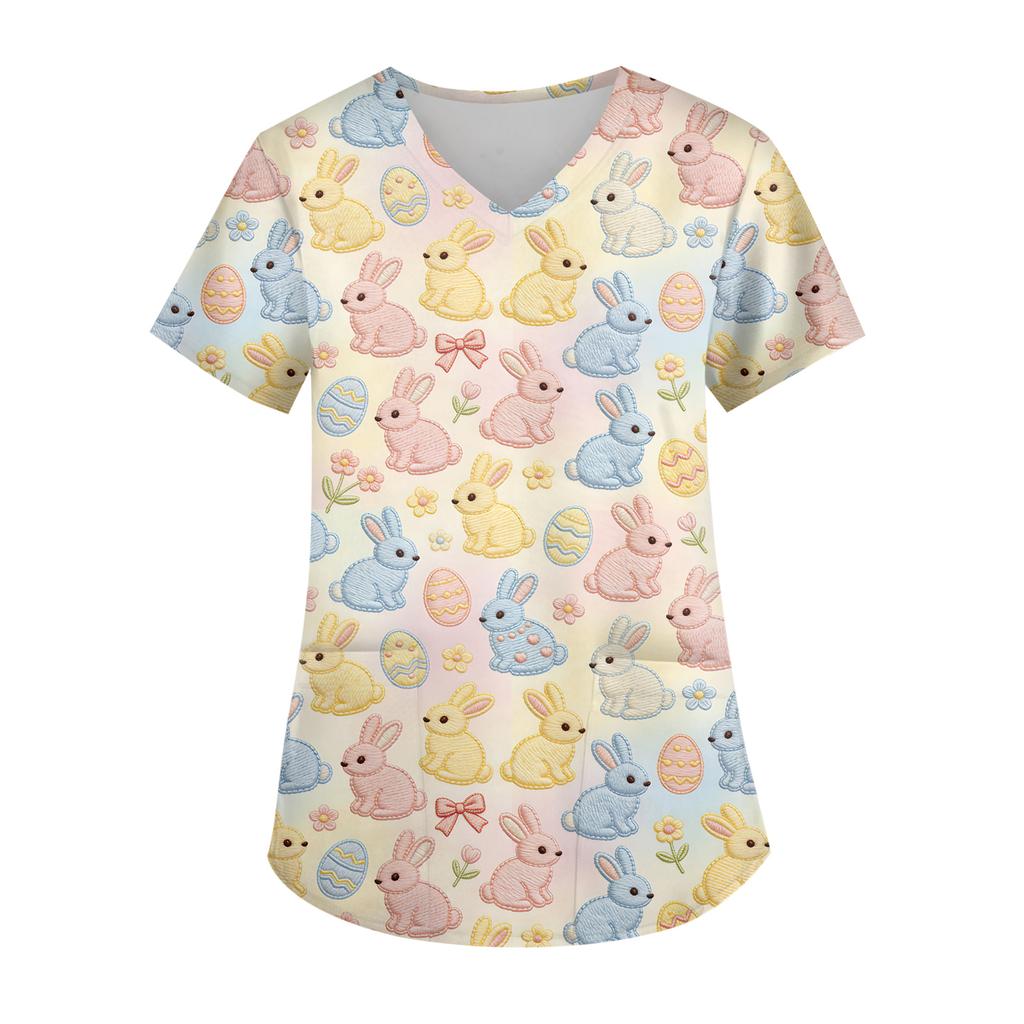 Ladies' Easter printed fashionable V-neck pocket short sleeved uniform and caregiver top