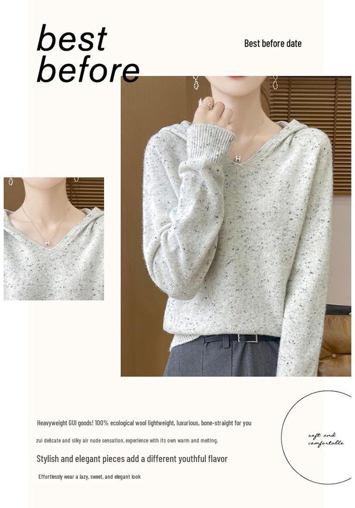 Women's 100% Pure Wool Hooded Knit Sweater - Cashmere, Thick, Loose Fit for Autumn/Winter