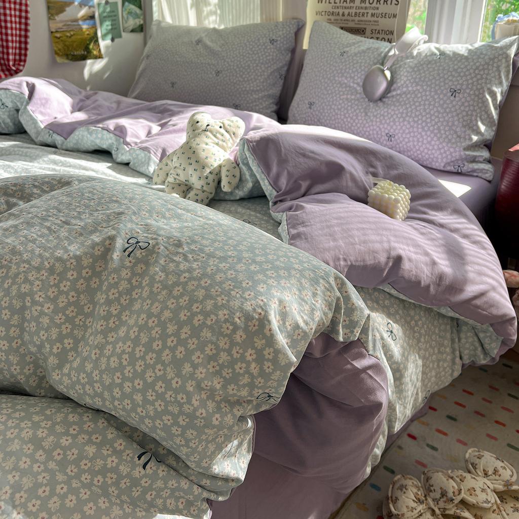 Korean Style Bedding Sets Floral Flat Sheet Duvet Cover Pillowcase Twin Queen Full Size No Filling Fitted Sheet Set Home Decor