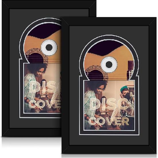 Qunclay 2 Pcs Cd Music Frame 8  x 12  Jukebox Music Frame Display Disc and Cd Box Double Displays Cover Art and 4 7/8 Inch Dia. Disc Self Standing 2