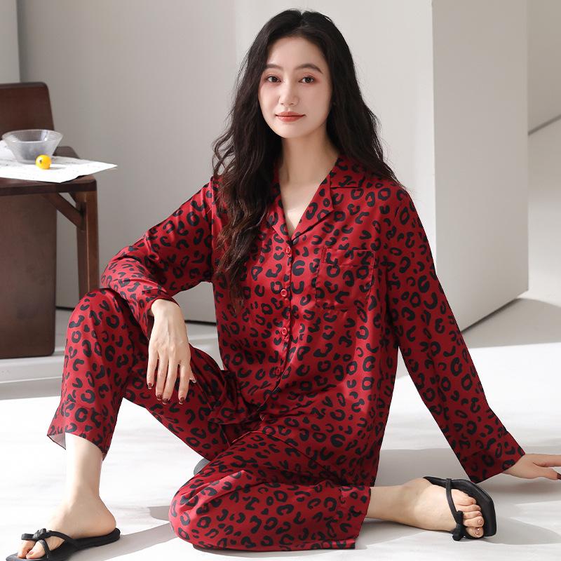 Pajamas women spring and autumn spring ice silk long-sleeved trousers loungewear natal year red leopard print suit can be worn outside