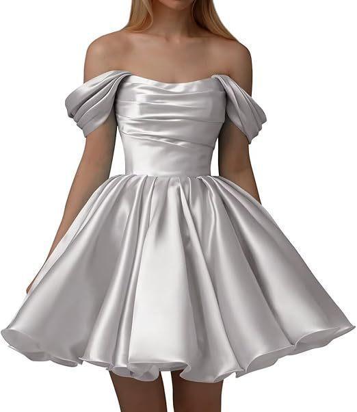 European and American one-word shoulder dress new satin short pleated dance wedding party dress daily dress