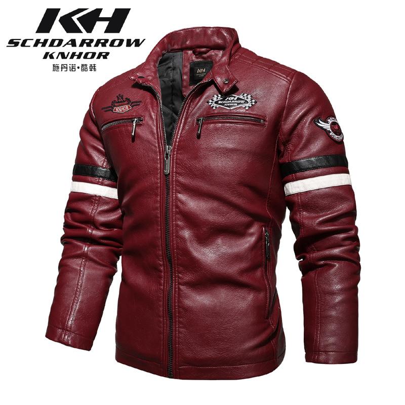 Giacca da moto in pelle da corsa autunnale e invernale da uomo Giacca da moto in tinta ricamata Giacca da uomo sottile monostrato