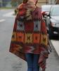 Sarah Rose Wool Poncho Ethnic Bohemian Print Soft Women's Coat/Cape/Shawl, Hoodie, Silhouette, Fall/Winter (Khaki)