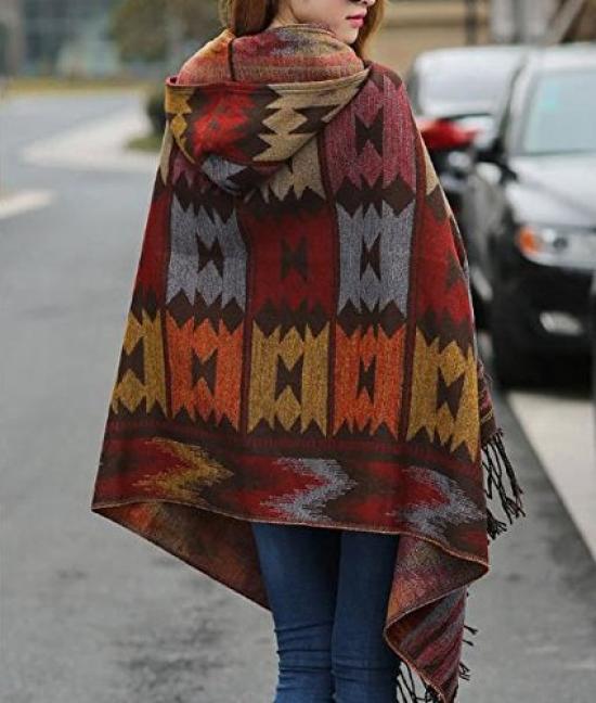 Sarah Rose Wool Poncho Ethnic Bohemian Print Soft Women's Coat/Cape/Shawl, Hoodie, Silhouette, Fall/Winter (Khaki)
