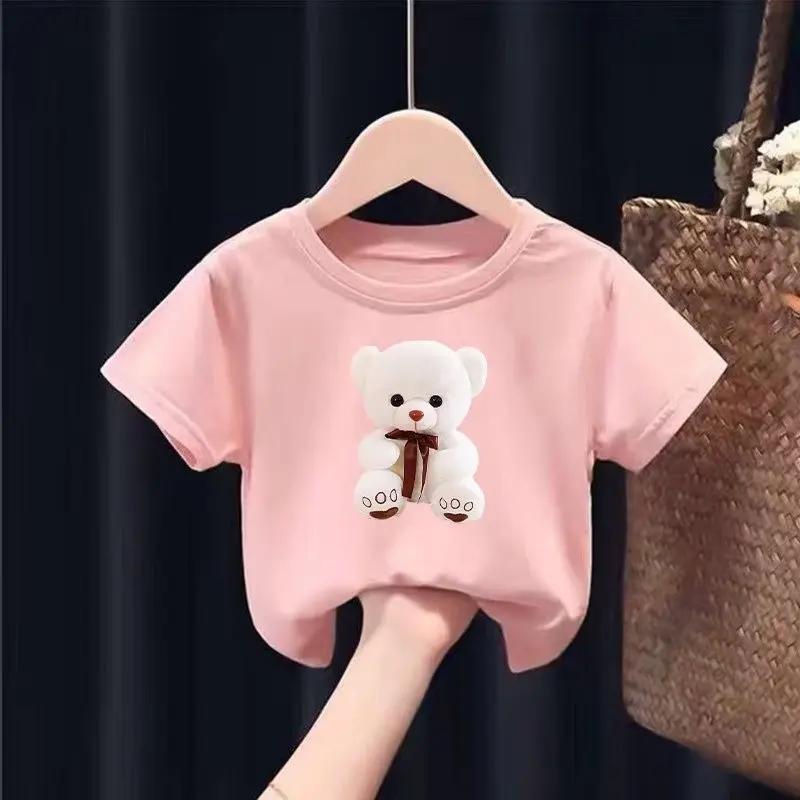 Kreskówkowy T-shirt z nadrukiem małego białego misia z okrągłym dekoltem i krótkim rękawem, casualowy, dla chłopców i dziewcząt, nowy trend, odzież dziecięca, top