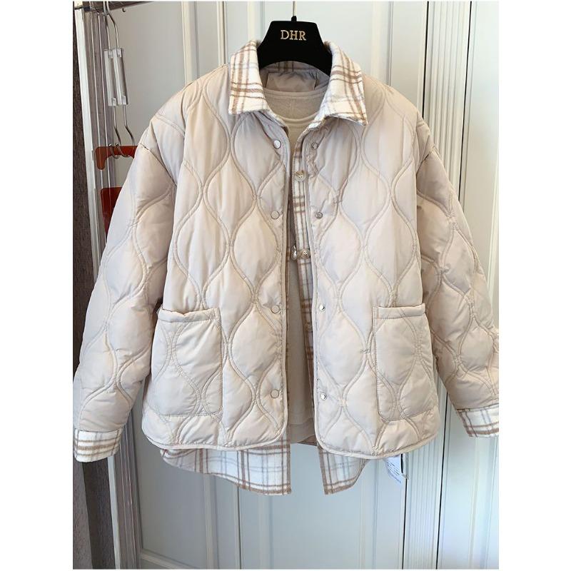 

Women s Autumn and Winter Thickened Loose Spliced Retro Plaid Shirt Fake Two-piece Cotton Jacket Top S білий