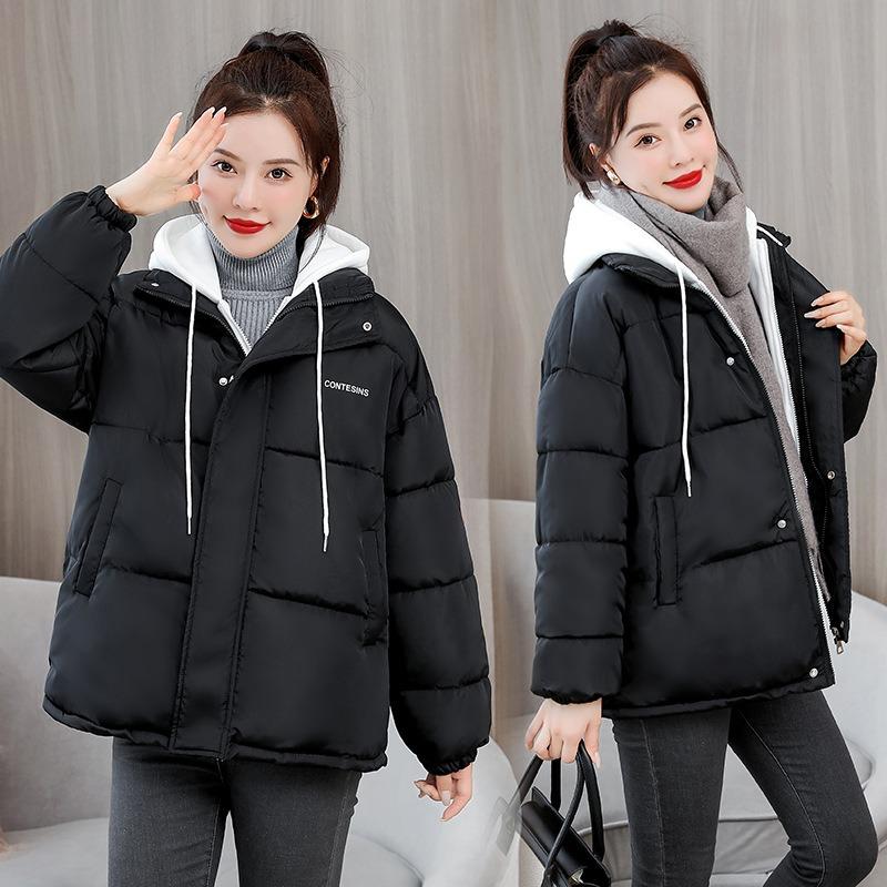 Short cotton-padded women's 2 new cotton-padded winter large size loose thickened fake two-piece knitted hat down cotton bread jacket