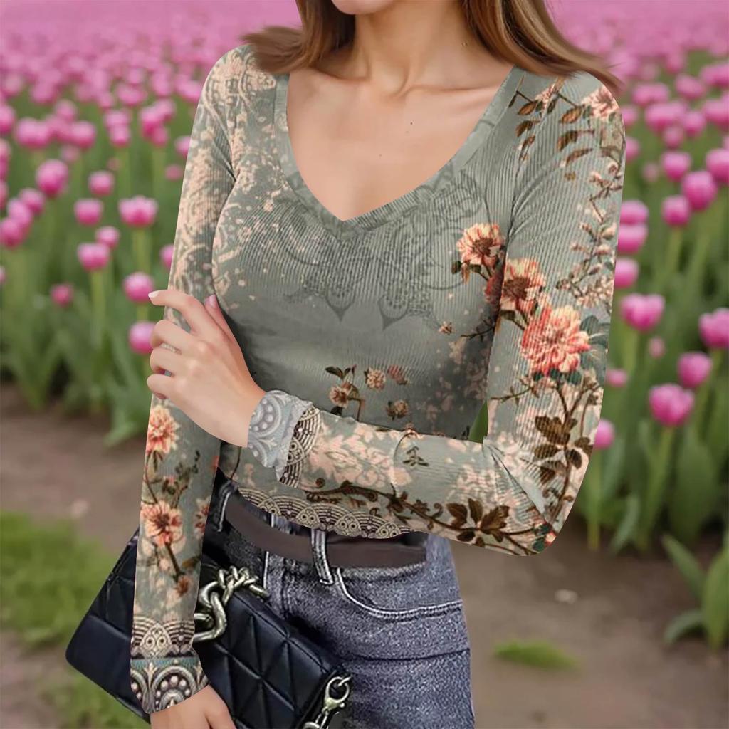 Women's Winter Slim-Fit Base Layer T-Shirt Fashionable Print V-Neck Pullover Long-Sleeved Top