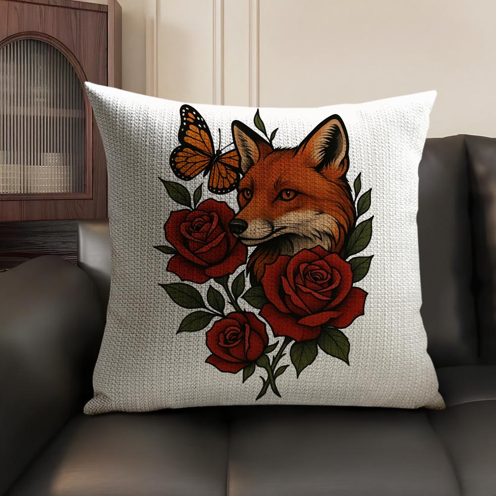 Cute Fox Cushion Cover Summer Breathable Linen Organic Fabric Double-Sided Printing Sofa Pillow Case Home Decor
