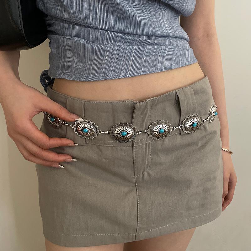 Retro Ethnic Style Belt Women'S Brown Printing Design Sense Matching Skirt Jeans Belt Texture Metal Waist Chain