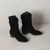 Krazing Pot Cow Suede Nubuck Winter Round Toe Modern Boots Med Heels Slip On Pleated Decoration Women Mid-calf Boots