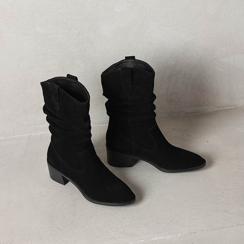 Krazing Pot Cow Suede Nubuck Winter Round Toe Modern Boots Med Heels Slip On Pleated Decoration Women Mid-calf Boots