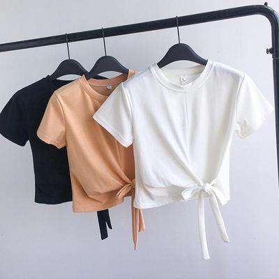 2024 Women's Slim-Fit Tie-Up Crop T-shirt, Korean Summer Style, Short Sleeve