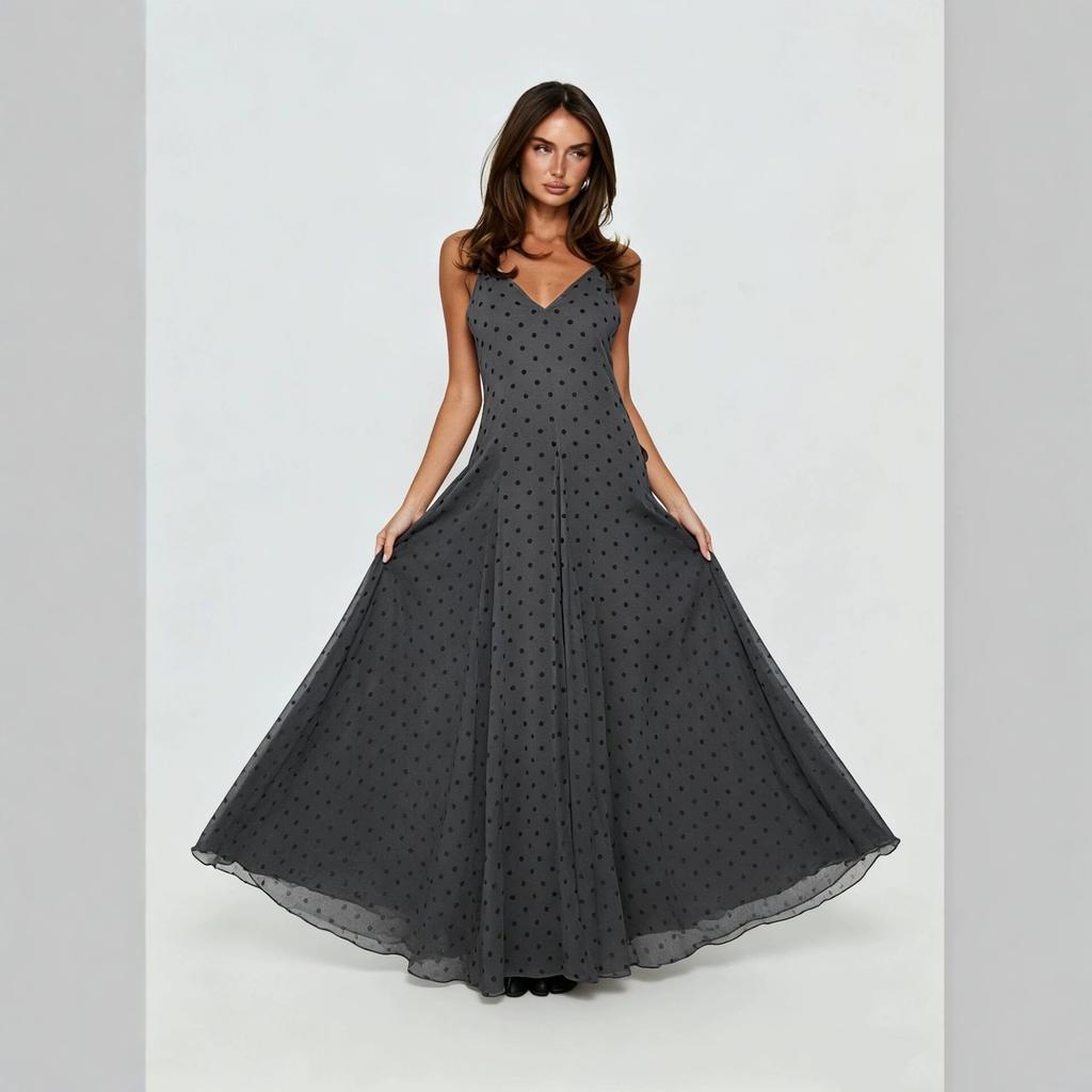 Women's French Polka Dot Spaghetti Strap Maxi Dress V Neck High Waist Elegant Vacation Long Dress