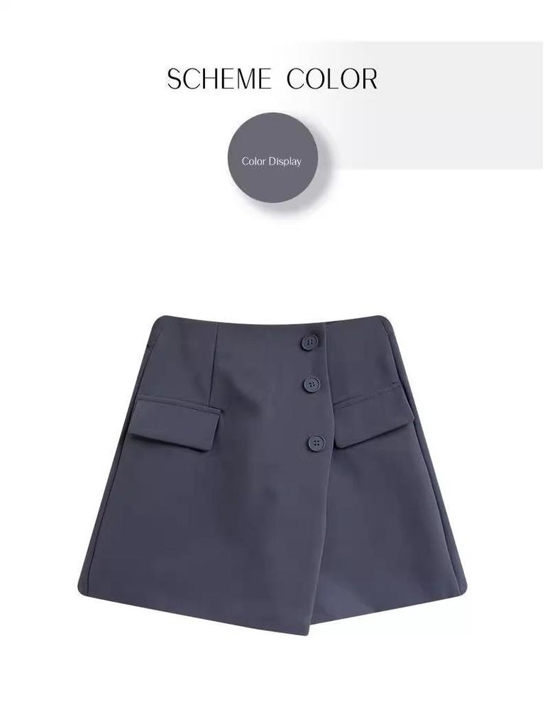 2025 Irregular High-Waisted Slimming A-Line Shorts Skirt with Button Detail - Women's Wide-Leg Pants