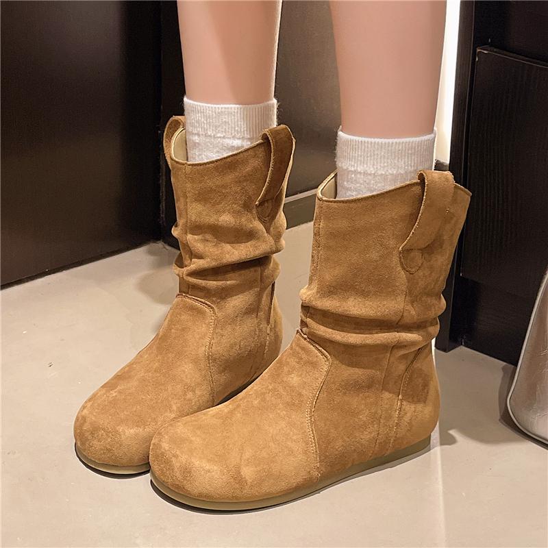 Neuer Stil Damen Wildleder Freizeitstiefel für Damen Mode Stiefelette Kurz Schlupfschuhe Flache Schuhe Retro Vielseitig Weiche Sohle Damenstiefel
