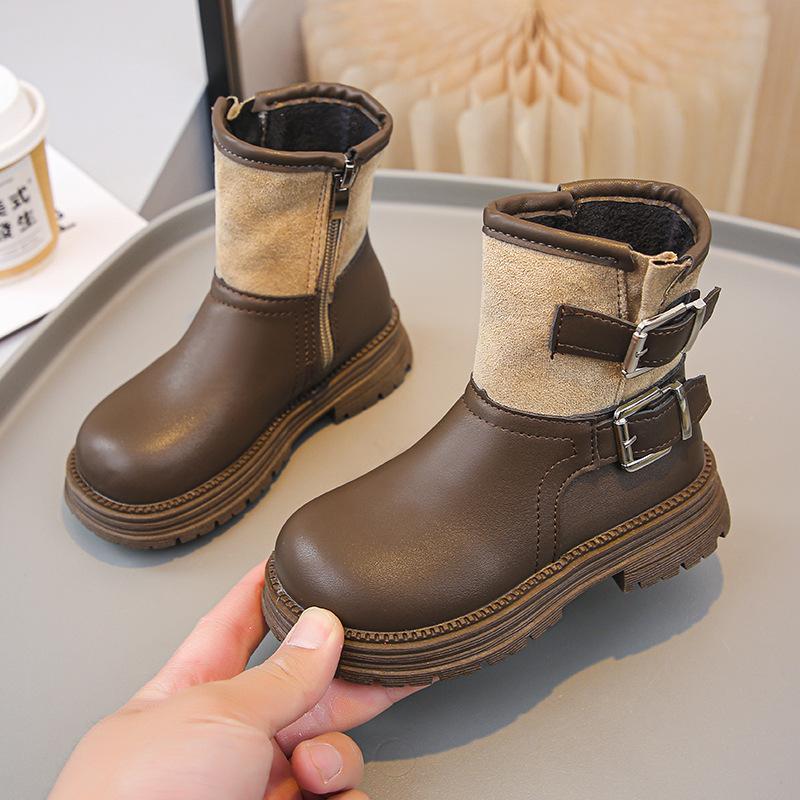 Girls Martin Boots British Fashion Children's Short Boots 2025 Winter New Velvet Thermal Cotton Boots Girls Leather Boots