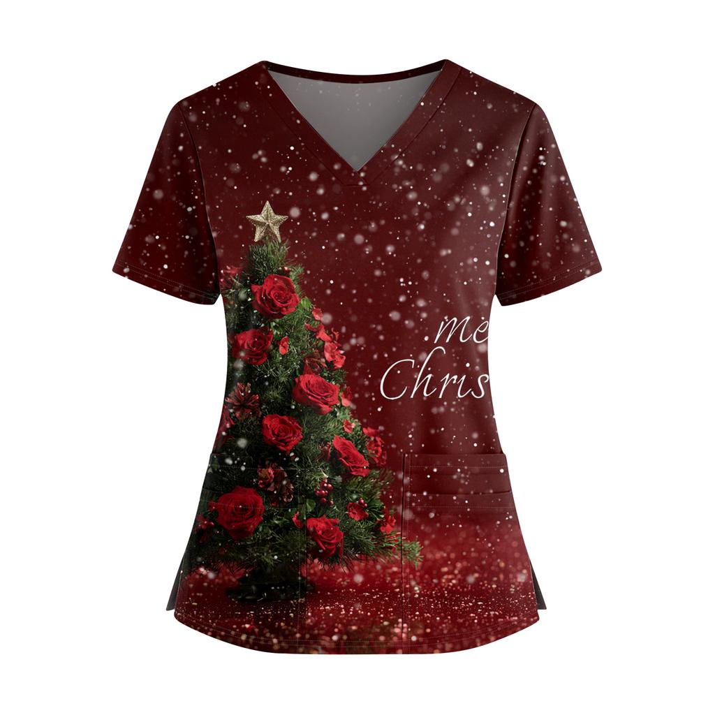 Women's Christmas Printed V-Neck Double Pocket Short Sleeves Hem Slit  Uniform Caregiver Top