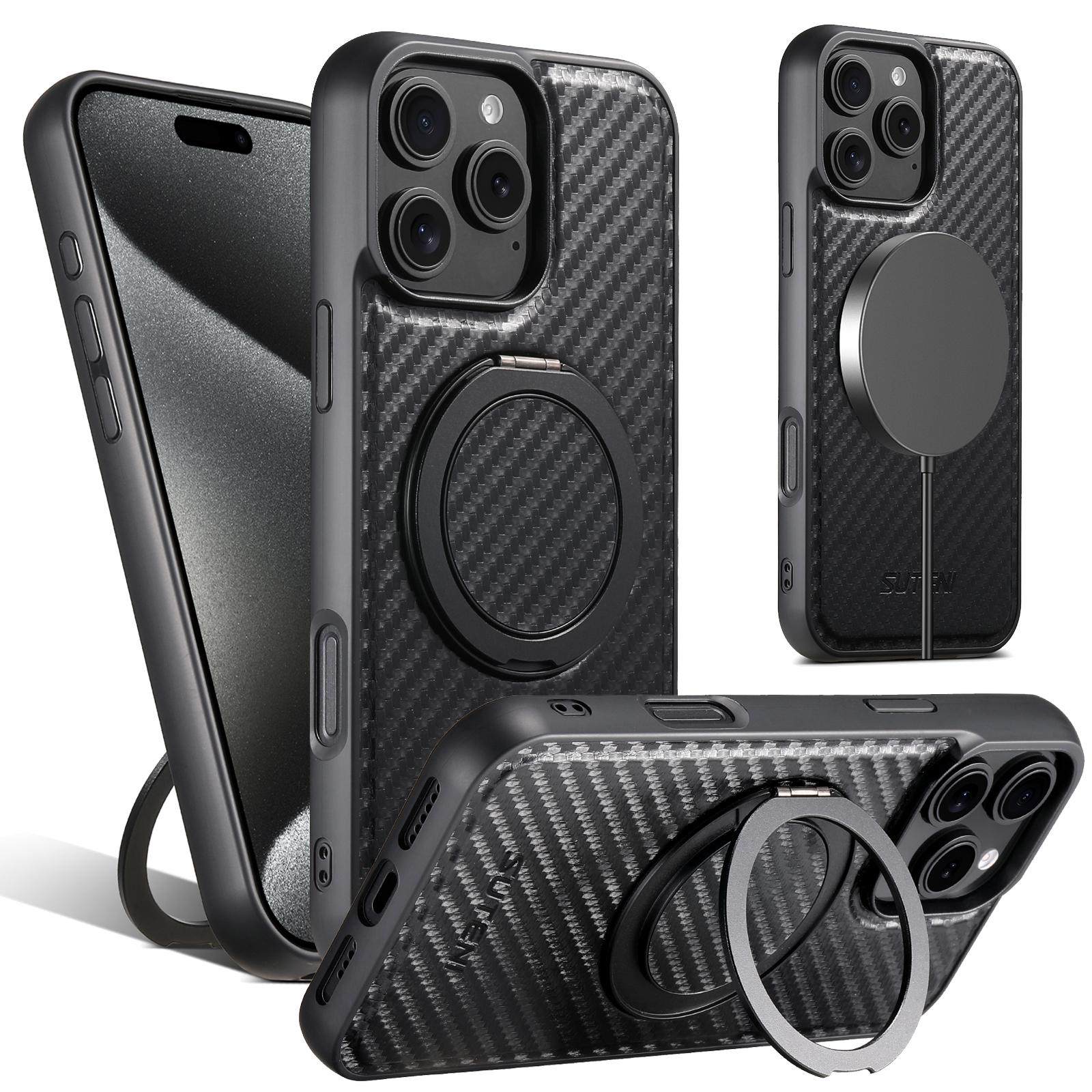 

SUTENI G3 For iPhone 16 Pro Magnetic Case 360 Degree Rotating Kickstand Carbon Fiber Texture PU Phone Back Cover A