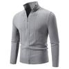 Mens Stand Collar Thickened Jacquard Zip Up Cardigan Knit Sweater