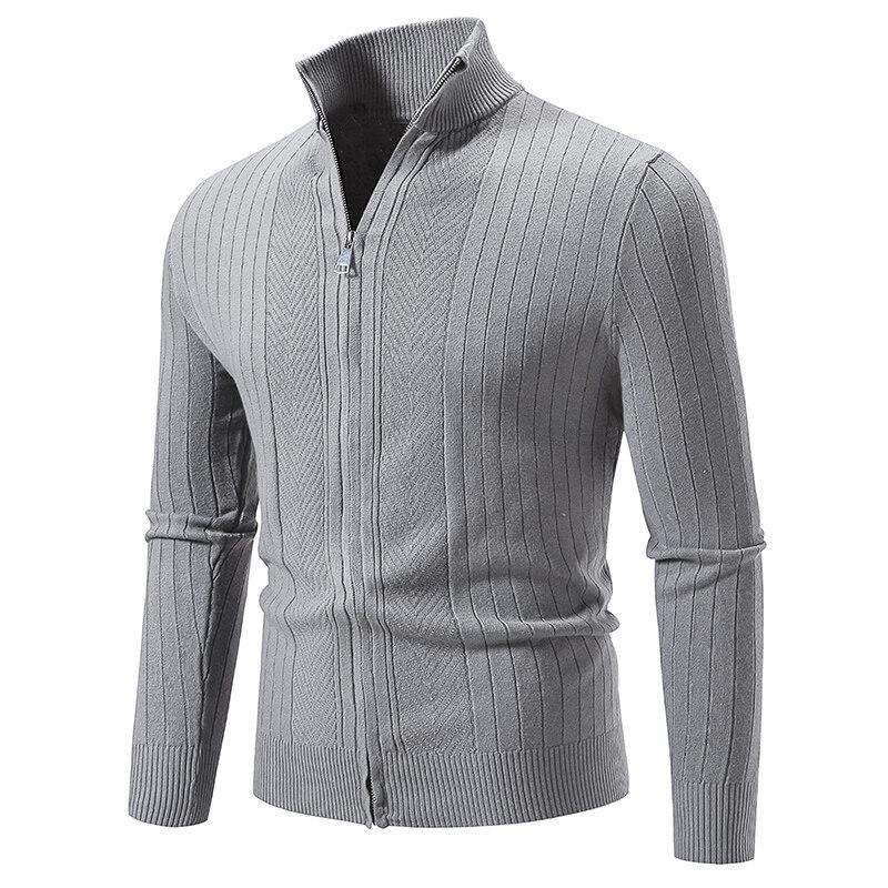 Mens Stand Collar Thickened Jacquard Zip Up Cardigan Knit Sweater