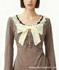 American Retro Brown Lace Bowknot Women's Square Neck Slim-Fit Long Sleeve Top