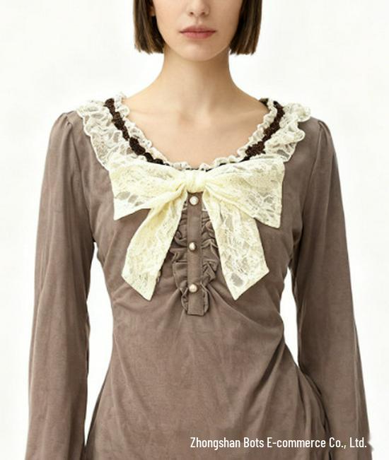 American Retro Brown Lace Bowknot Women's Square Neck Slim-Fit Long Sleeve Top
