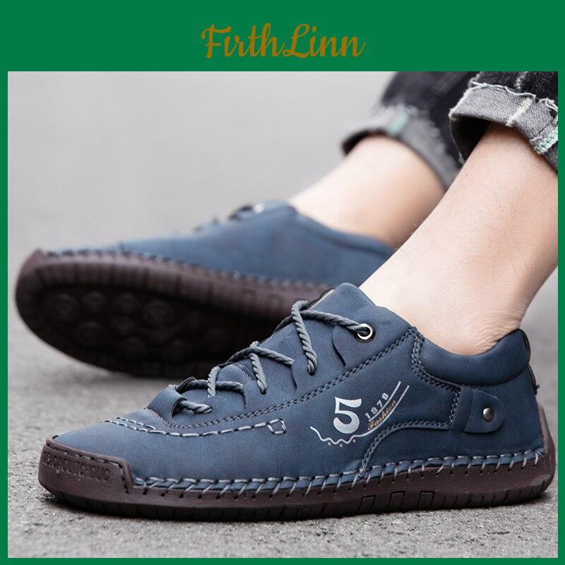 Blue Leather Driving Shoes Men Casual Shoes Handmade Outdoor Hiking Shoes Flats Plus Size