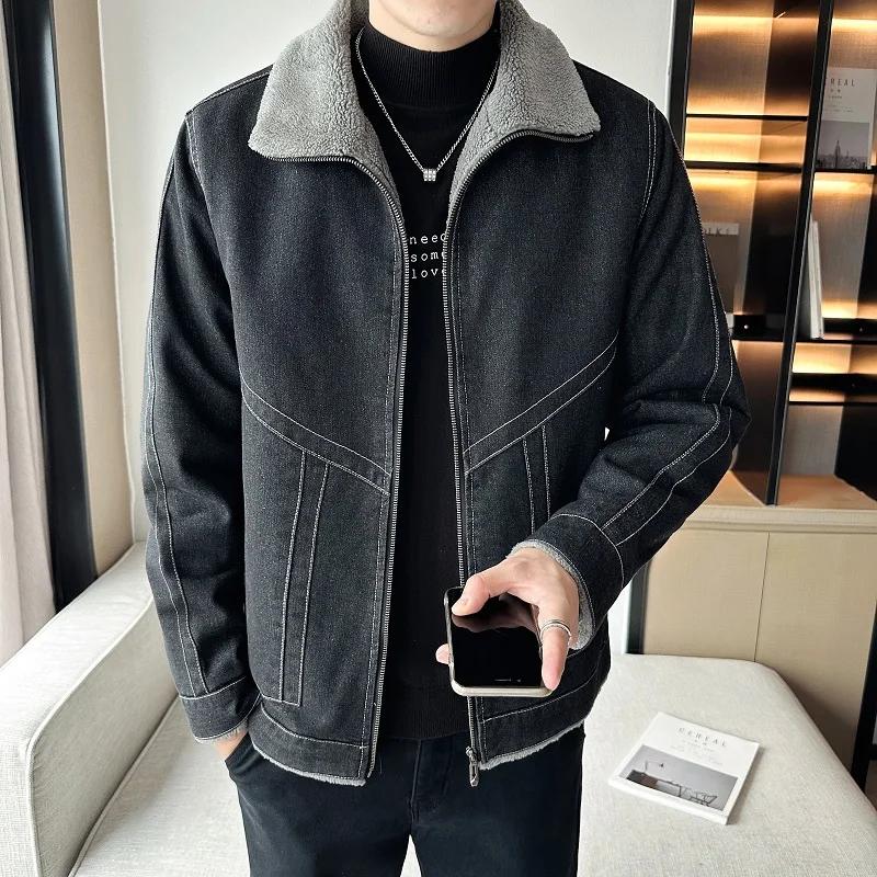 

Зимняя мужская джинсовая куртка Мужские корейские пальто на флисовой подкладке Мужская куртка из овечьей шерсти Мужская толстая джинсовая куртка Повседневная свободная верхняя одежда M чёрный