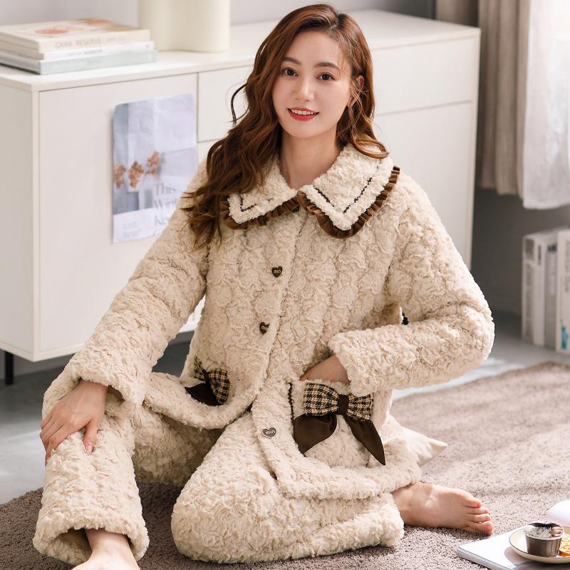 Three-Layer Padded Pajamas Women'S Winter Coral Fleece Thickened And Fleece Sweet And Cute Winter Flannel Loungewear Set