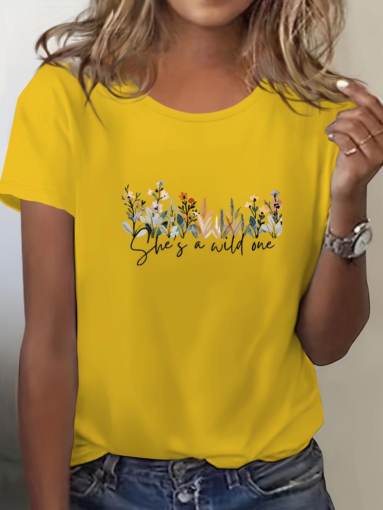Women's Casual Short Sleeve Crew Neck T-Shirt - Vibrant Blue Floral & Graphic Print with She's Wild at Heart Quote