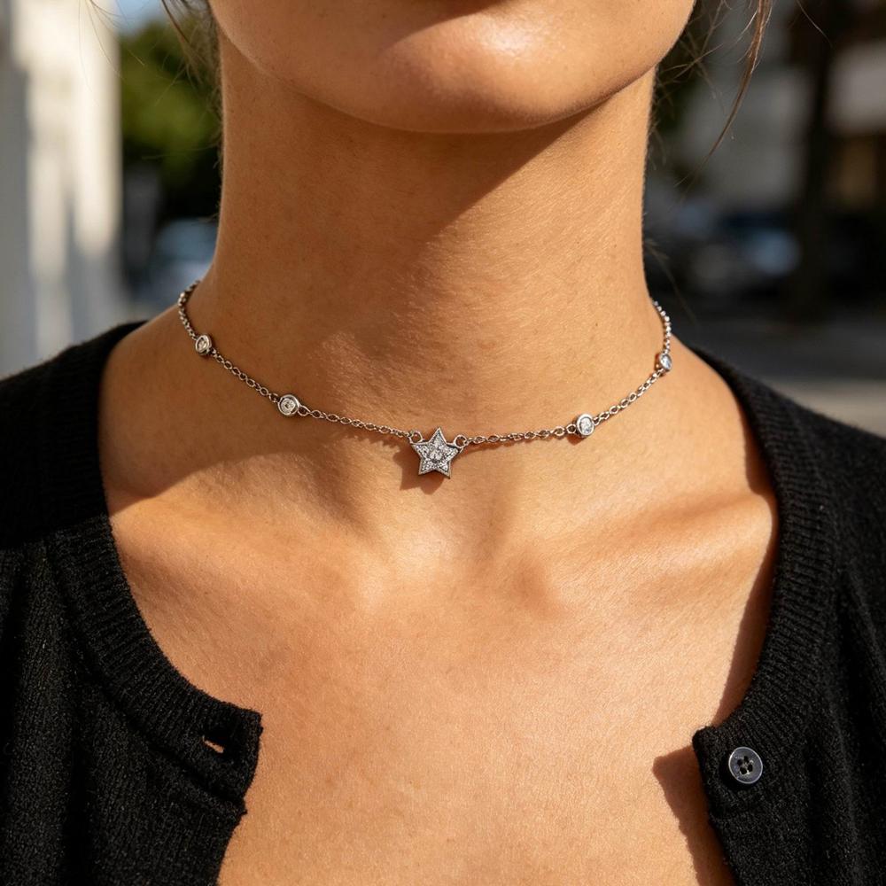2026 New Design Thin Chain Link Star Choker Necklace Paved Iced Out CZ Zircon Tassel Chain Dangle Small Star Lariat Necklace Set