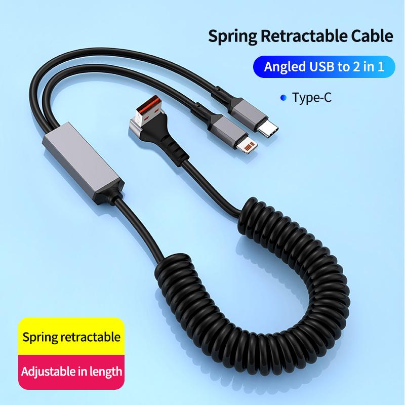 100W Super Fast Charging 2-in-1 Retractable USB-C & Type-C Coiled Data Cable 90-Degree Angled Design TPU Material for IPhone17
