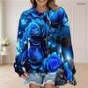 Women Plus Size Round Neck Long Sleeve Blue Rose Printed Pullover Sweatshirt