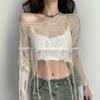 Summer Pullover Short Cutout Knit Top with Fringed Casing, Slimming Top, Long-sleeve Loose Layered Cover-up