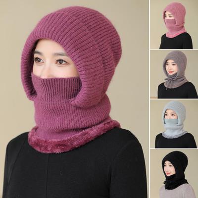 Women Winter Hat with Integrated Scarf Thick Imitation Rabbit Fur Warm Knitted Windproof High Elasticity Full Protection Outdoor Cold Weather Cap