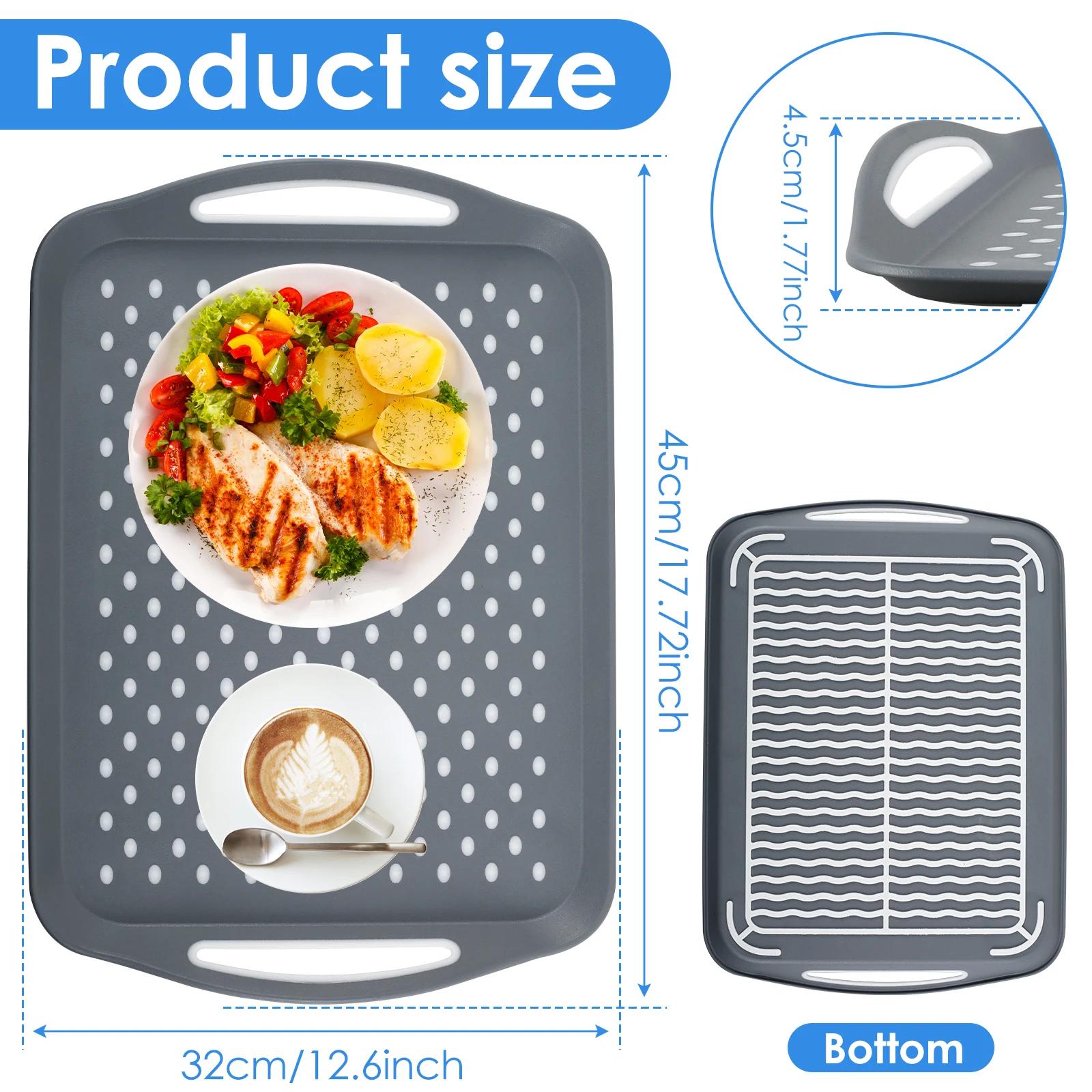 

2Pcs Non-Slip Food Serving Tray with Handle 17.7×12.6 Inch Rectangle Gripping Nubs Food Trays Shatterproof Plastic Dinner Trays серый