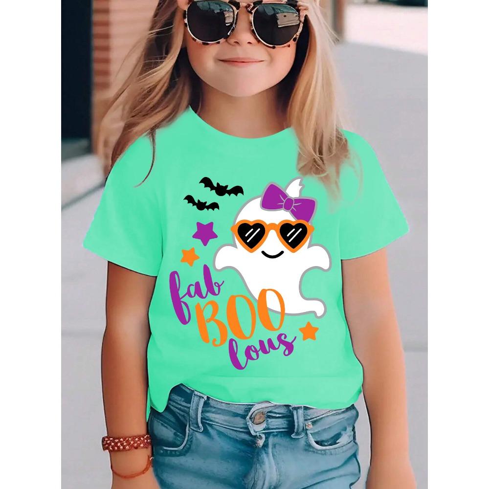 Summer Fashion Girls' Short-sleeved T-shirt, Sunglasses, Bow, Halloween Ghost Cartoon Pattern Print, Casual and Versatile Top