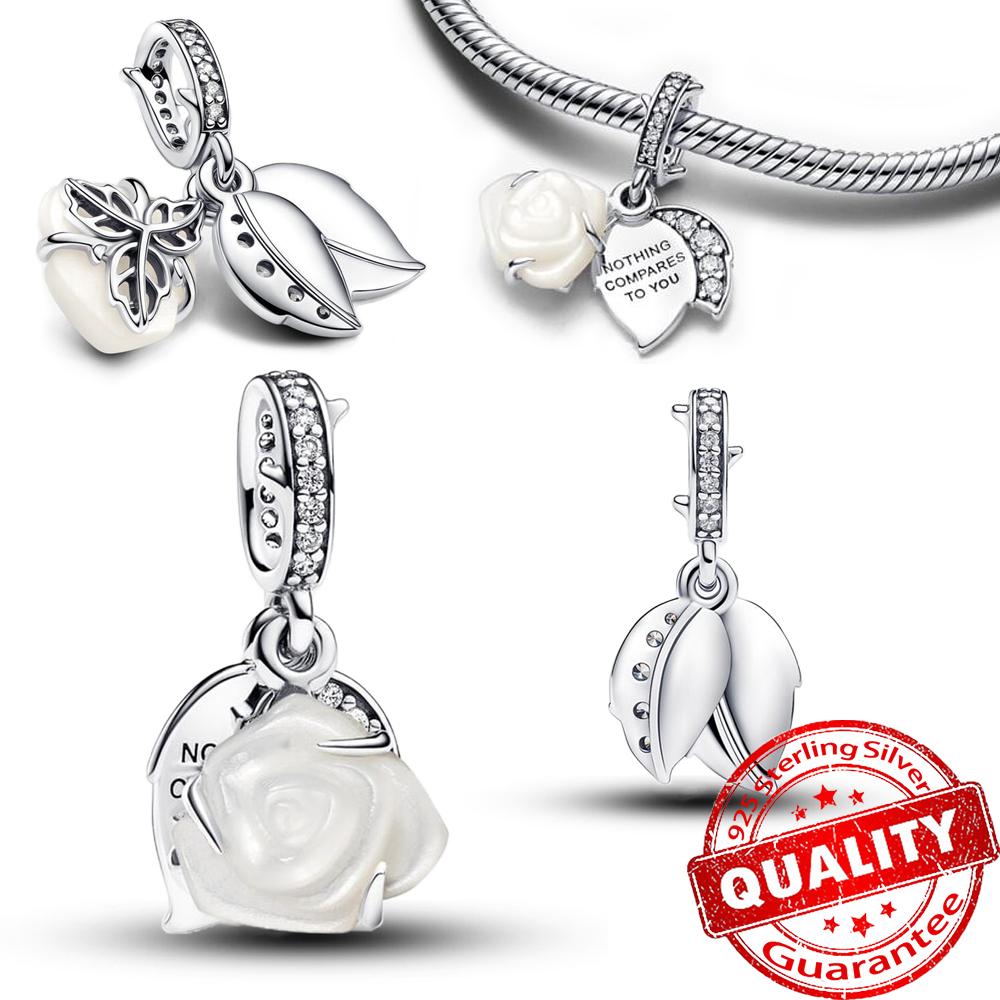 Charm la modă din argint sterling cu floare de panseluță roz, compatibil cu brățara originală, argint 925, charm fluture albastru, bijuterie fină, cadou